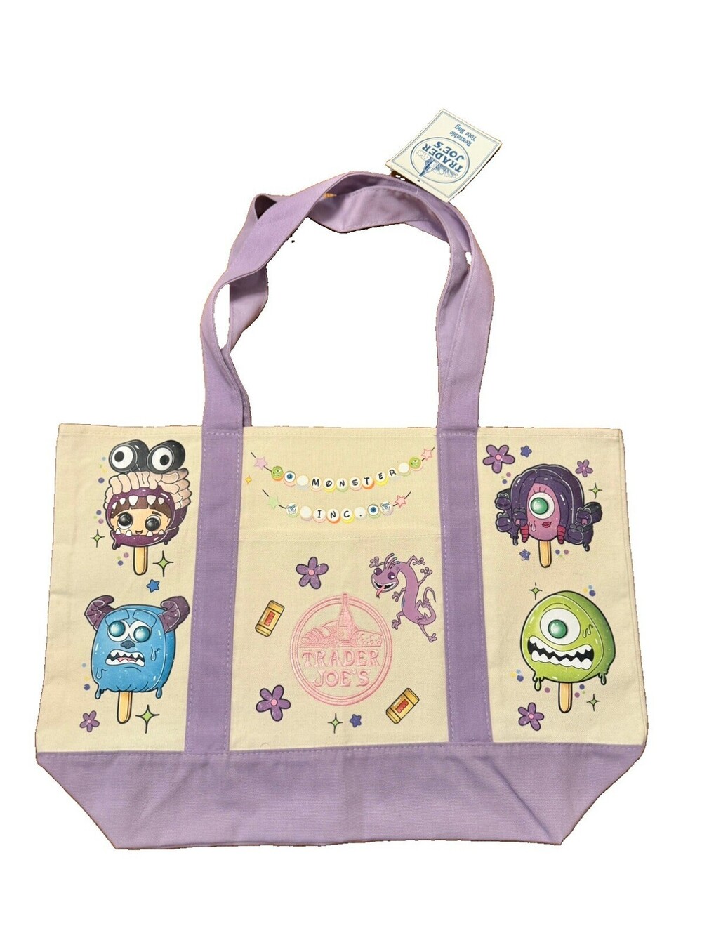 Trader Joe's Disney Monsters Inc Themed Canvas Tote Bag with Purple handles